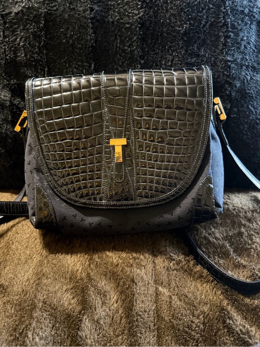 Authentic Tiffany & Co Black Croc-Embossed Flap Crossbody Bag